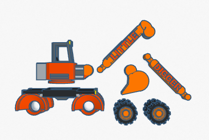 Screenshot of CAD model showing all pieces of an excavator model printed separately.