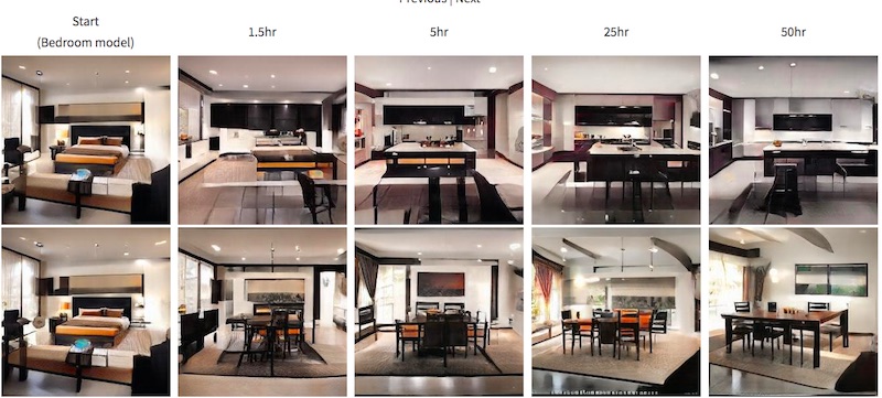 Screenshot of learning process, showing two rows of room transformations from a bedroom to a dining room and a living room, with the rooms morphing over time, labeled with hours at the top from 1.5hr to 50hr