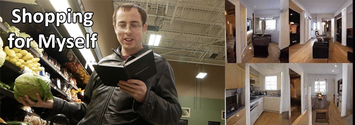 Two thumbnails for YouTube videos: One pictures a man holding a cabbage, with a title "Shopping for Myself"; the other is four similar-looking rooms in a small square layout.